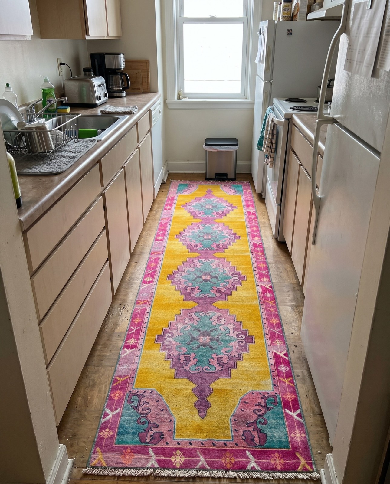 2' 6 x 12' Sanderson · Medallion Washable Rug, yellow and pink