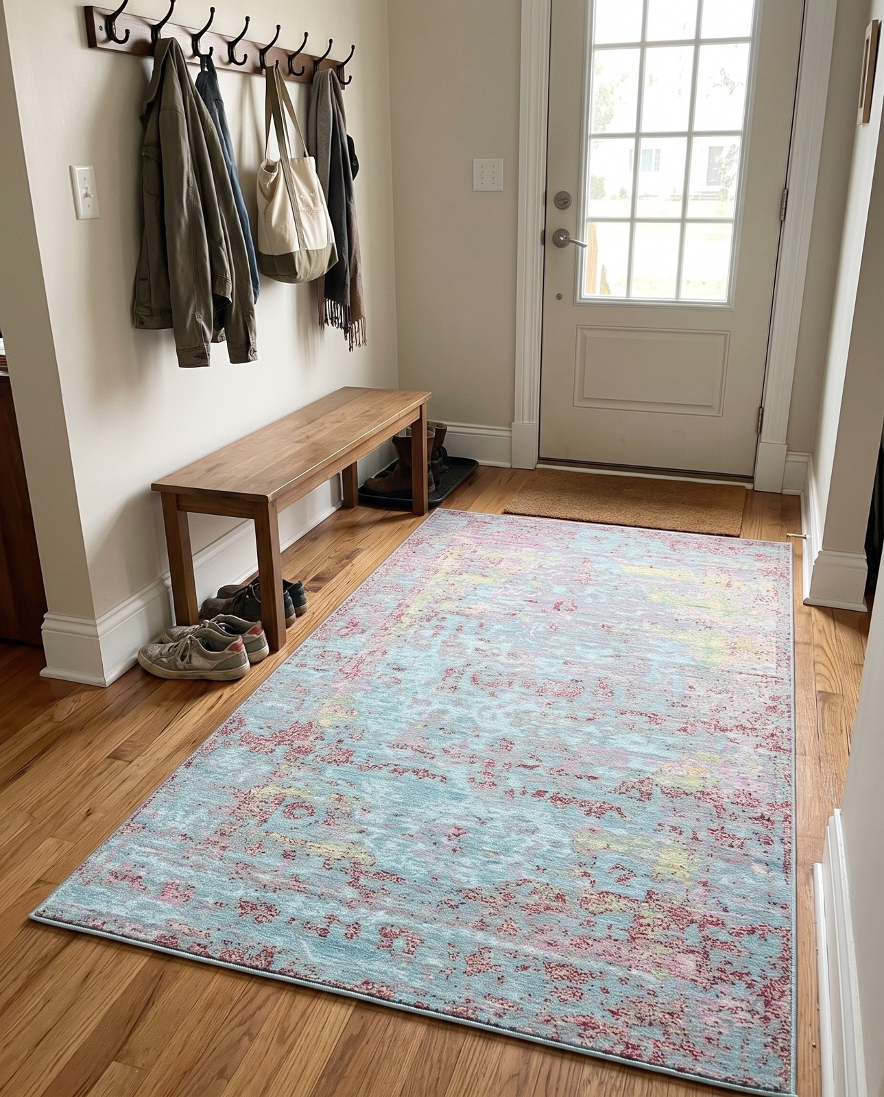 5' x 8' Denholm · Abstract rug, blue and burgundy