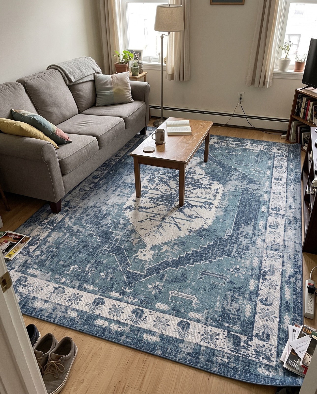 10' x 13' Wylie · Distressed medallion Outdoor Rug, shades of blue