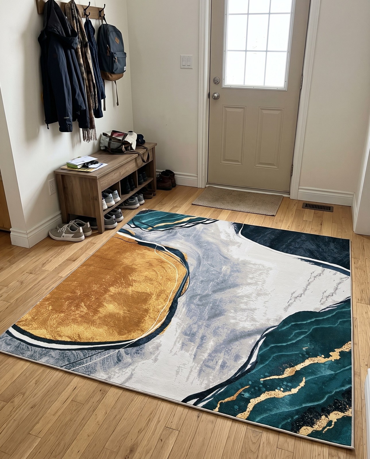 Detail image of 7' 10 x 7' 10 Lomax · Abstract Outdoor Rug, teal and gold