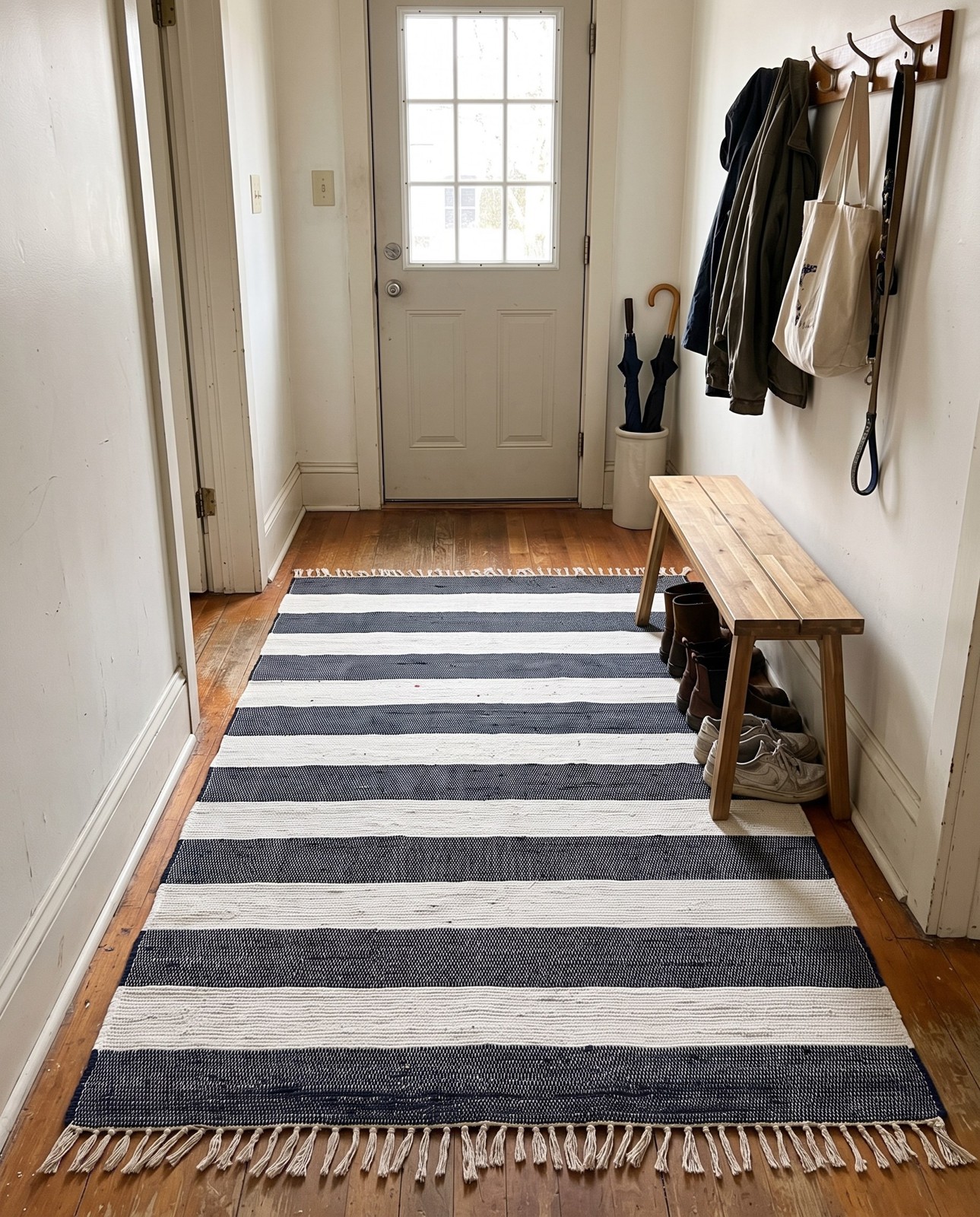 Detail image of 3' 1 x 5' 1 Flagstaff · Striped Chindi Rug, navy