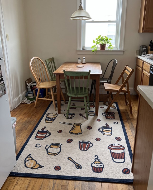 Easton Coffee motif rug, ivory and multi, 5×8, in a room