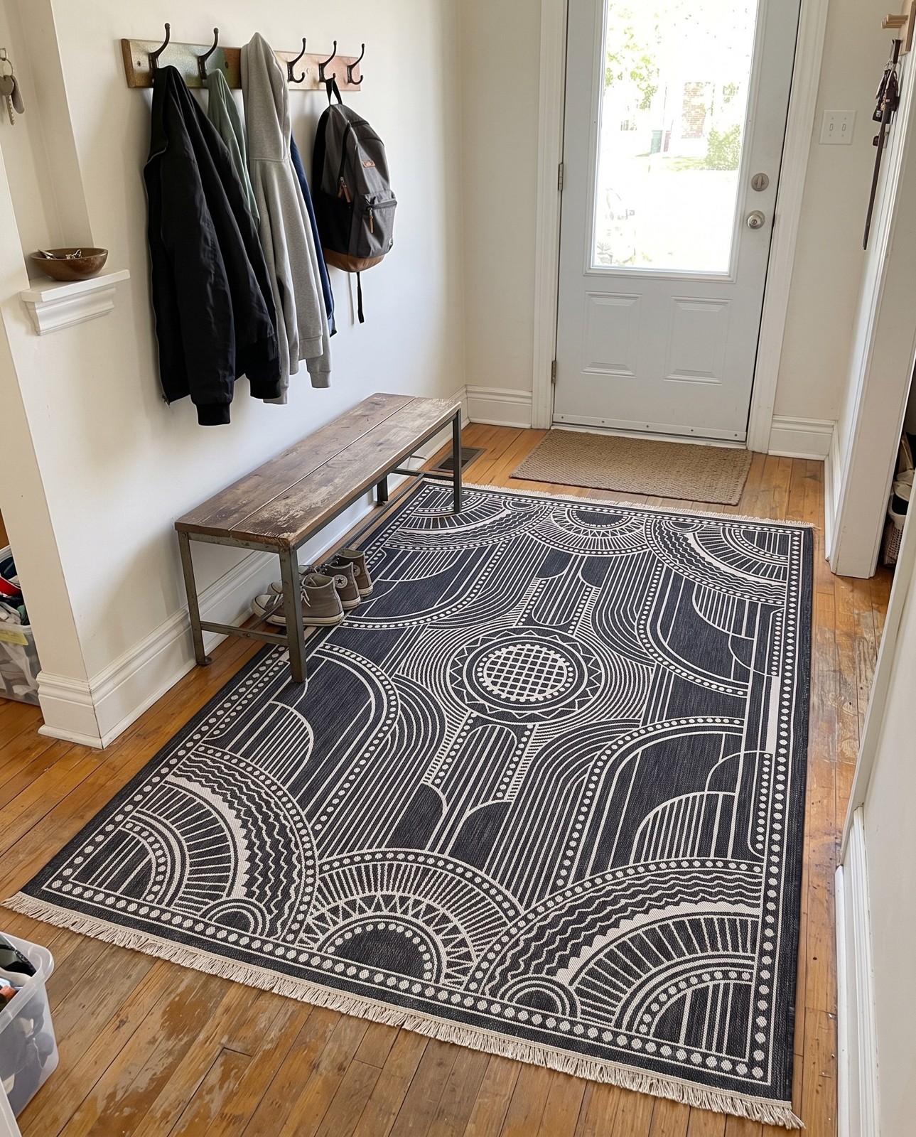 Detail image of 4' 1 x 6' 1 Brough · Border Outdoor Rug, black and white