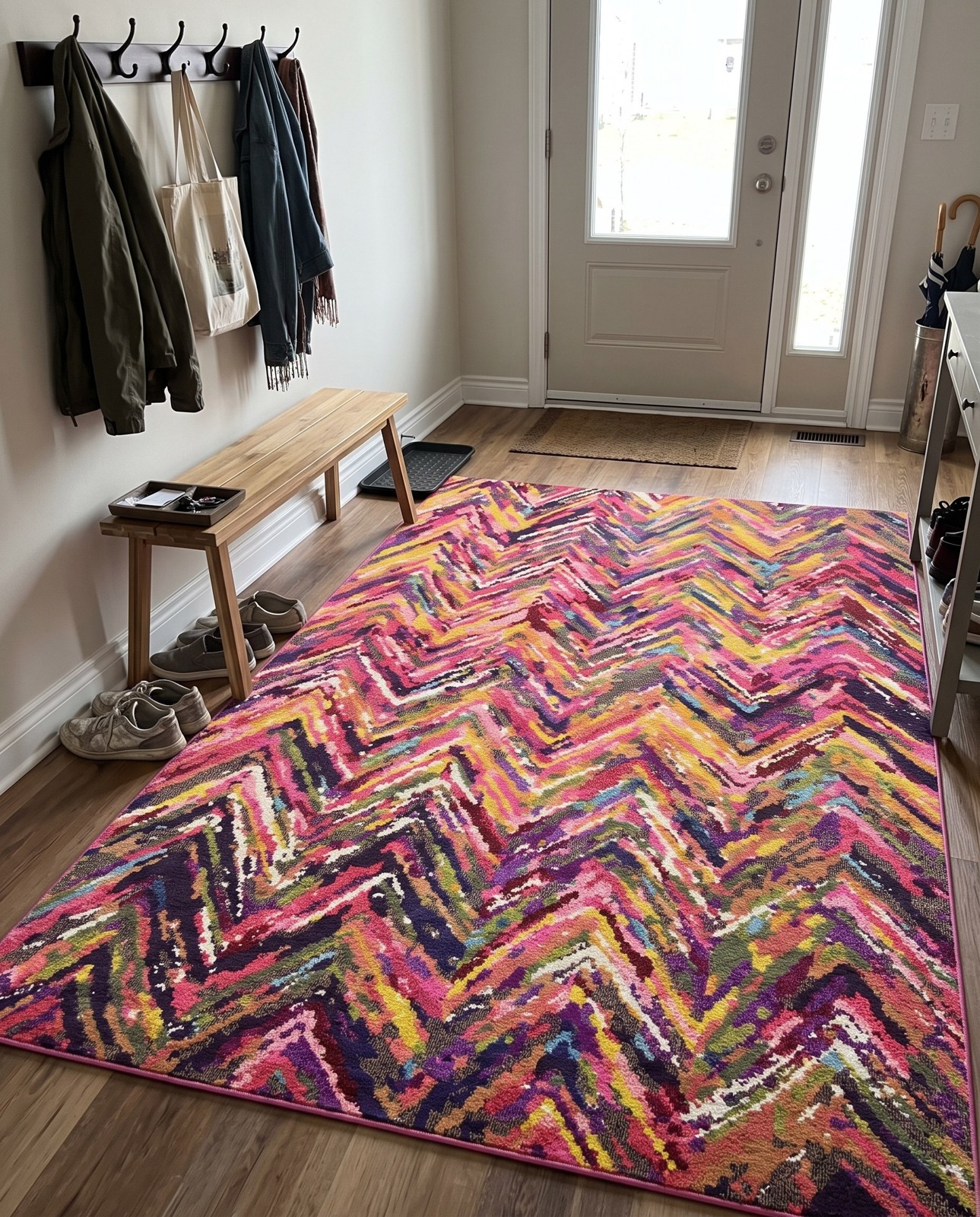7' x 10' Forsyth · Chevron Washable Rug, multicolor and pink