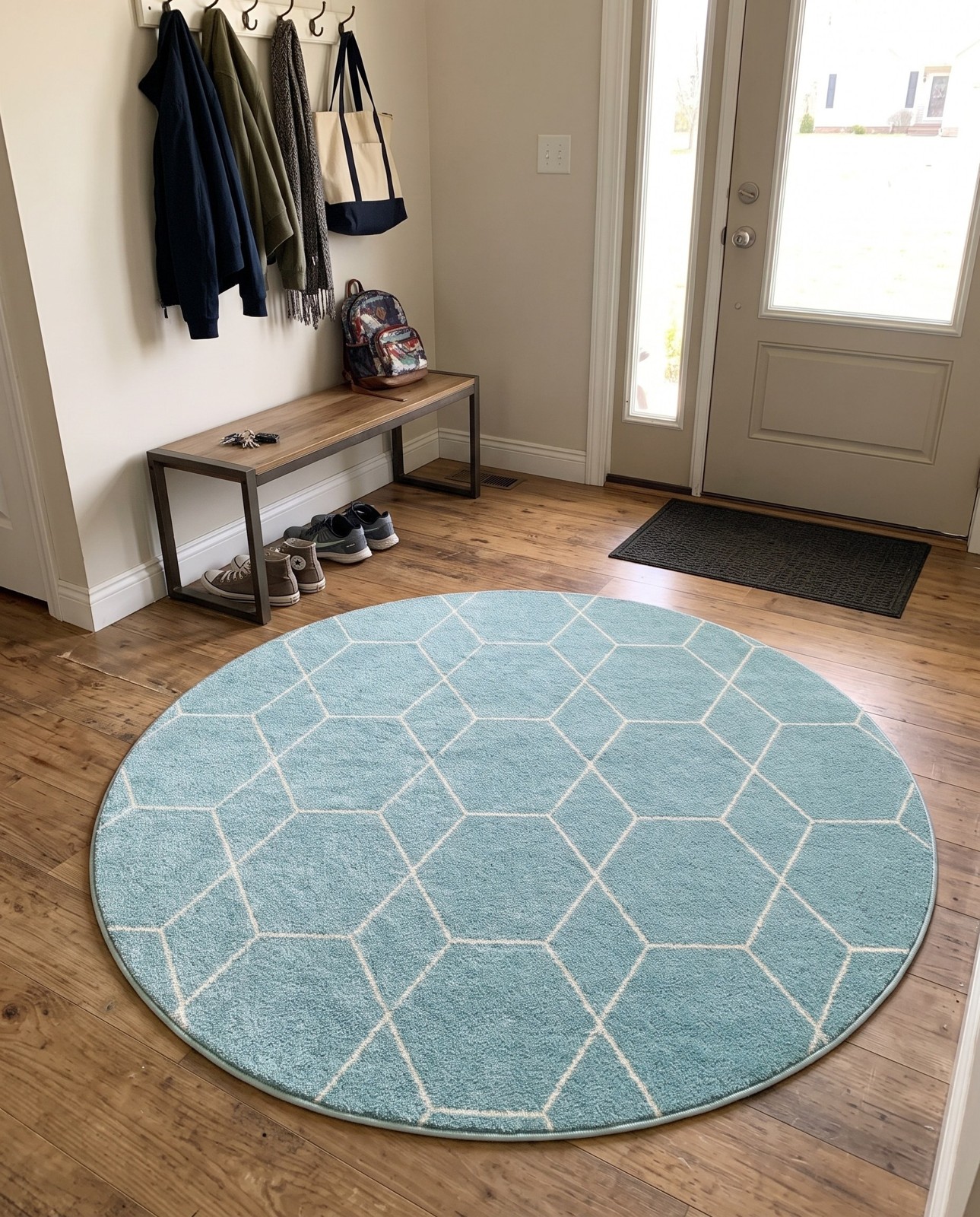 4' x 4' Galloway · Geometric trellis rug, light blue and ivory