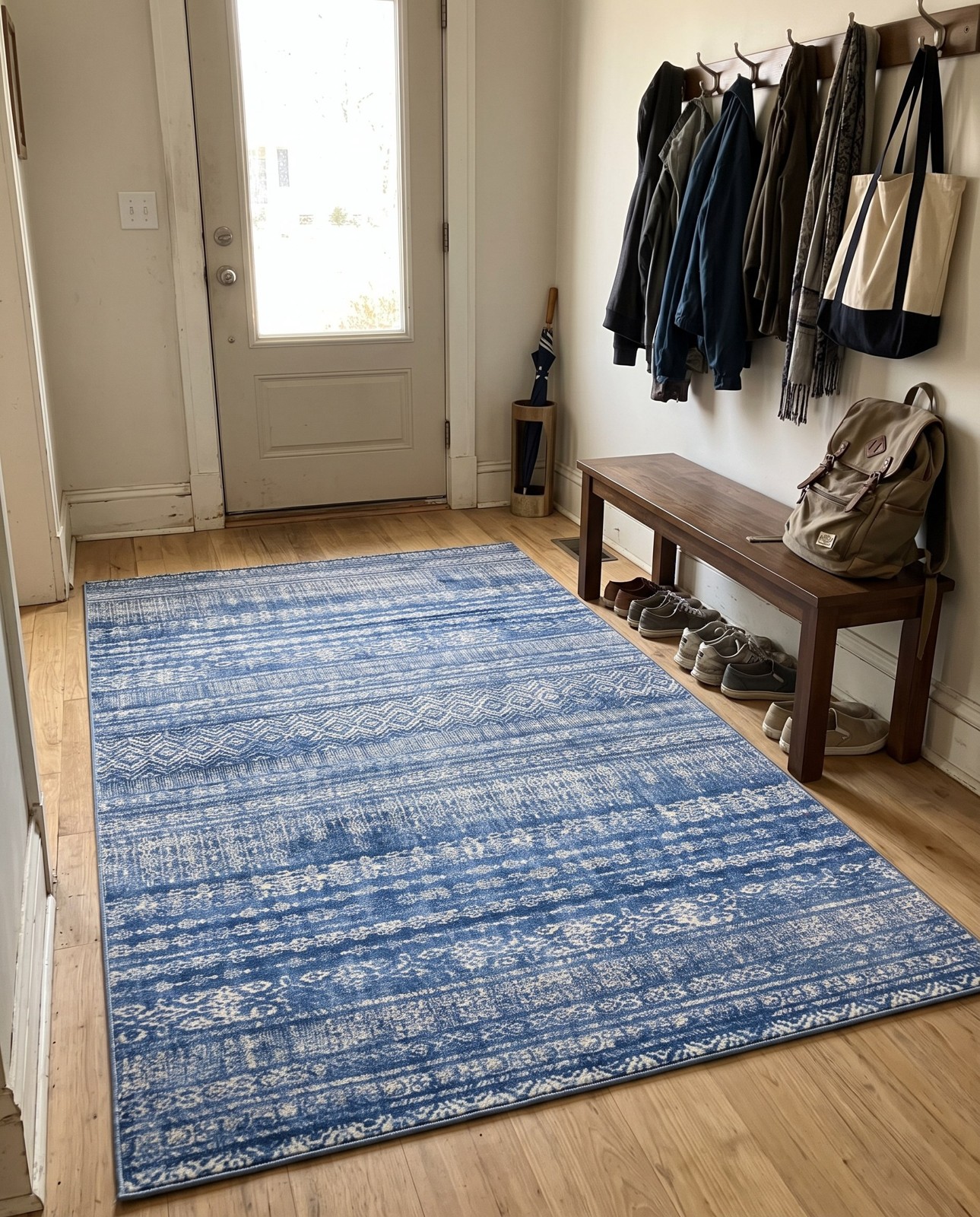 5' x 8' Keswick · Tribal striped rug, navy and ivory
