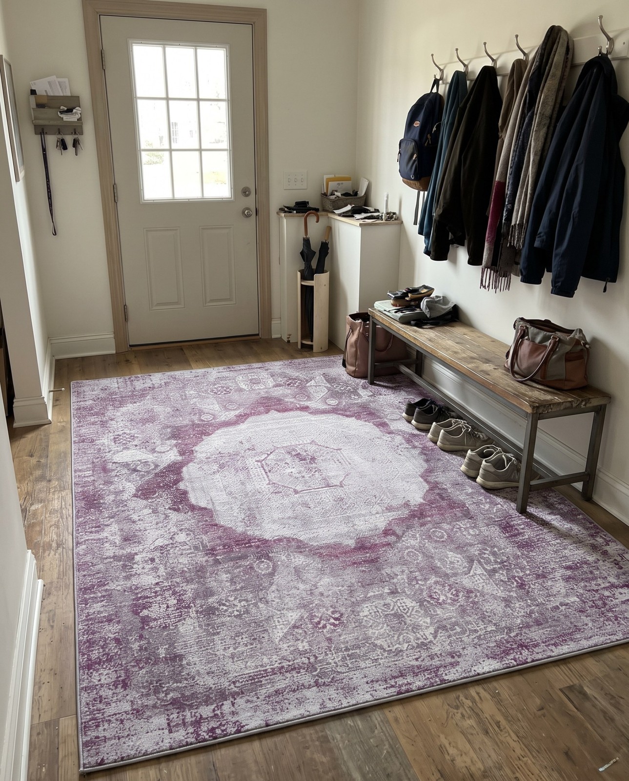 Detail image of 2' x 3' Fallowfield · Distressed medallion Washable Rug, pink and ivory