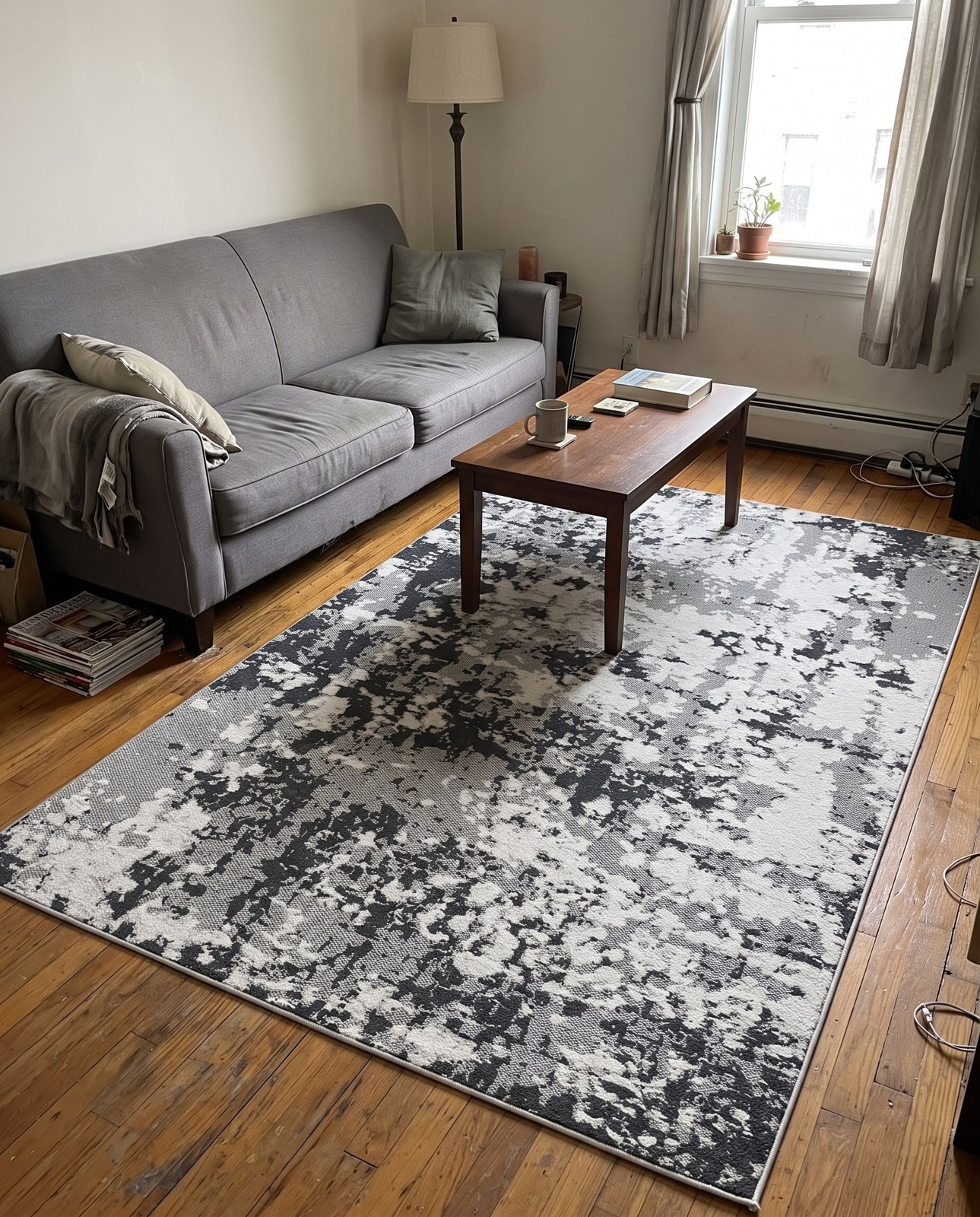 Detail image of 2' 3 x 3' Coxwell · Abstract rug, black, gray and ivory