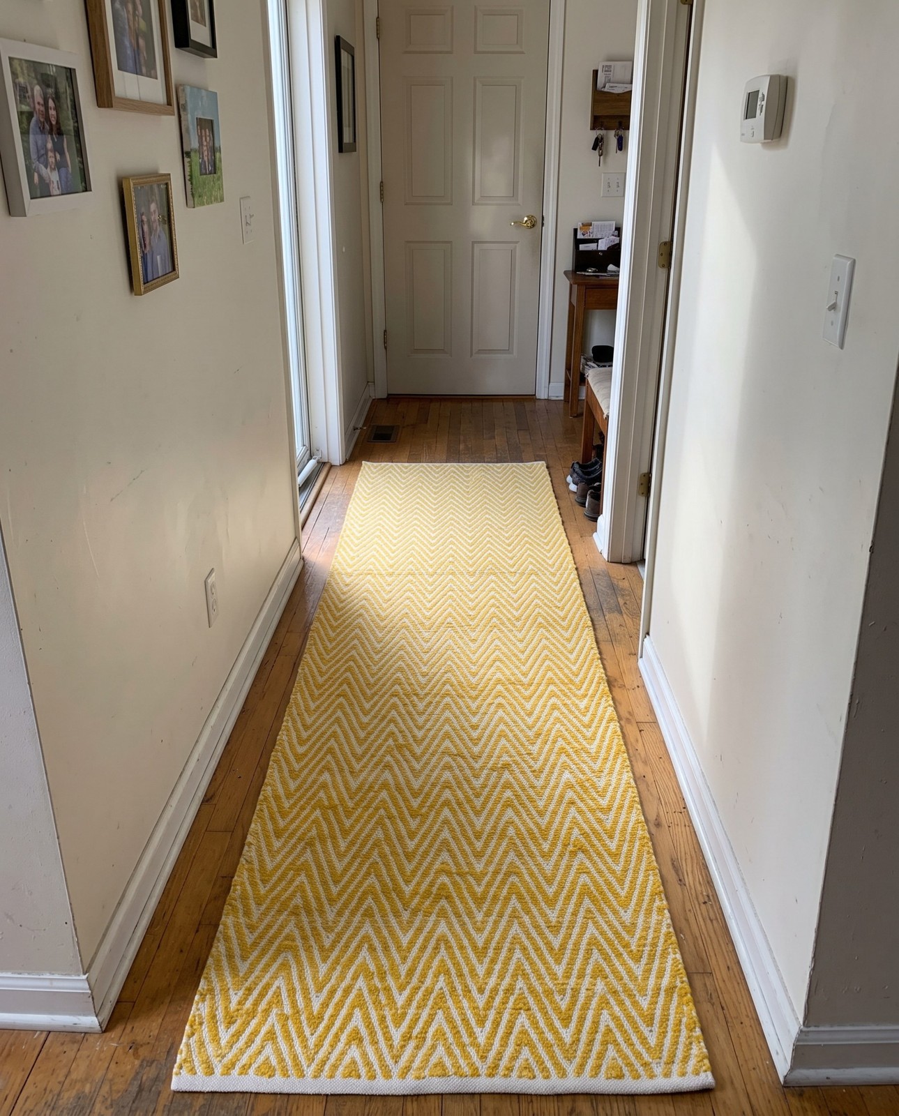 2' 7 x 10' Hopkins · Chevron Chindi Rug, yellow and ivory