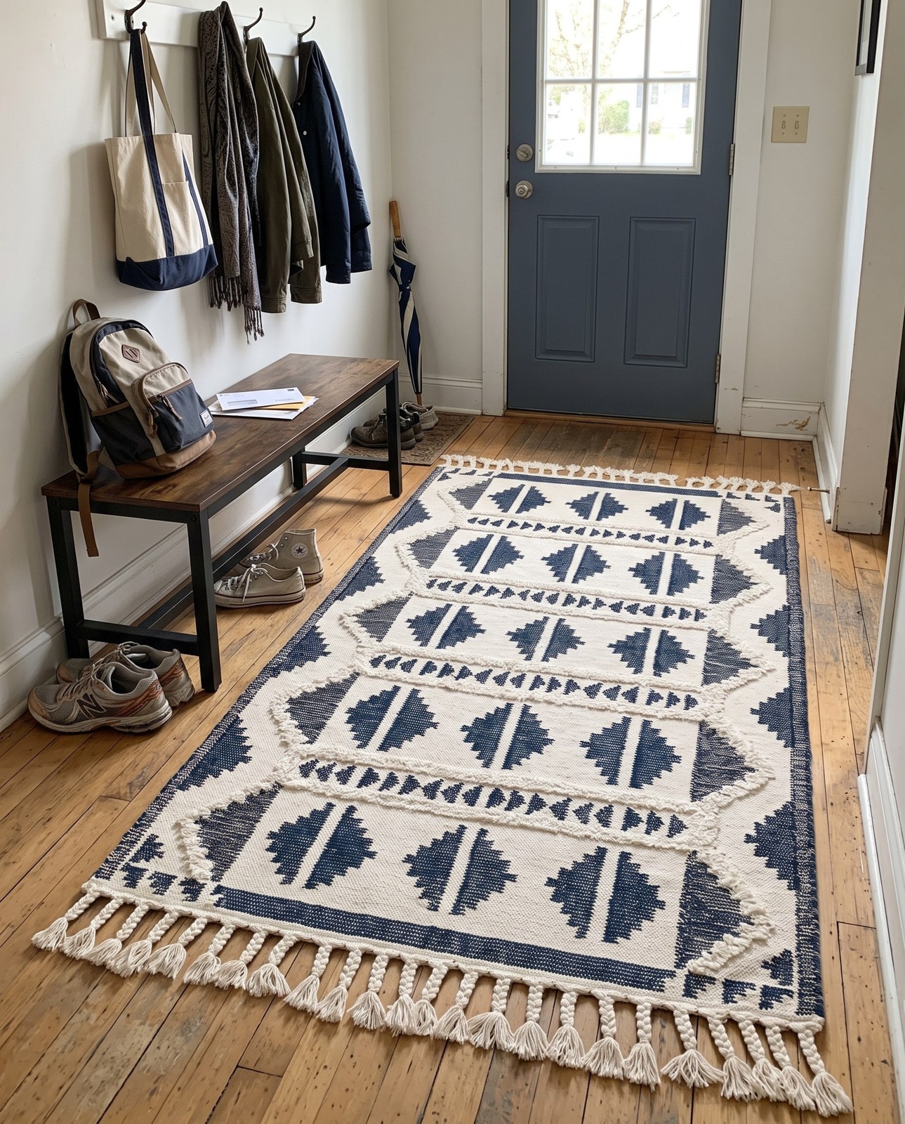 10' x 14' 1 Maitland · Geometric tribal Wool Rug, navy and white