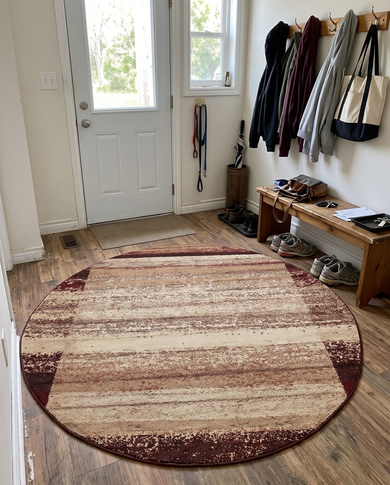 7' 10 x 7' 10 Padgett · Abstract striped rug, beige and burgundy