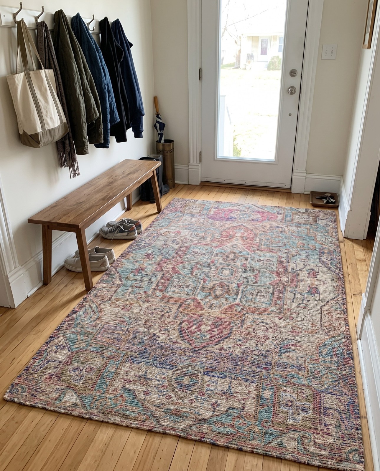 Detail image of 5' 1 x 8' Leslie · Distressed medallion rug, red and blue