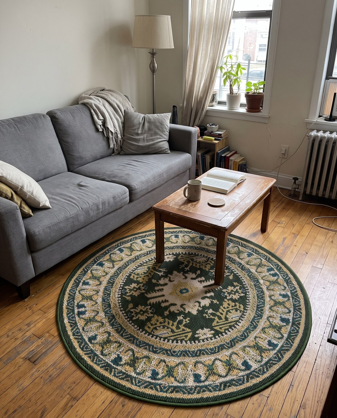 7' 10 x 7' 10 Waxwing · Geometric medallion Outdoor Rug, green and gold