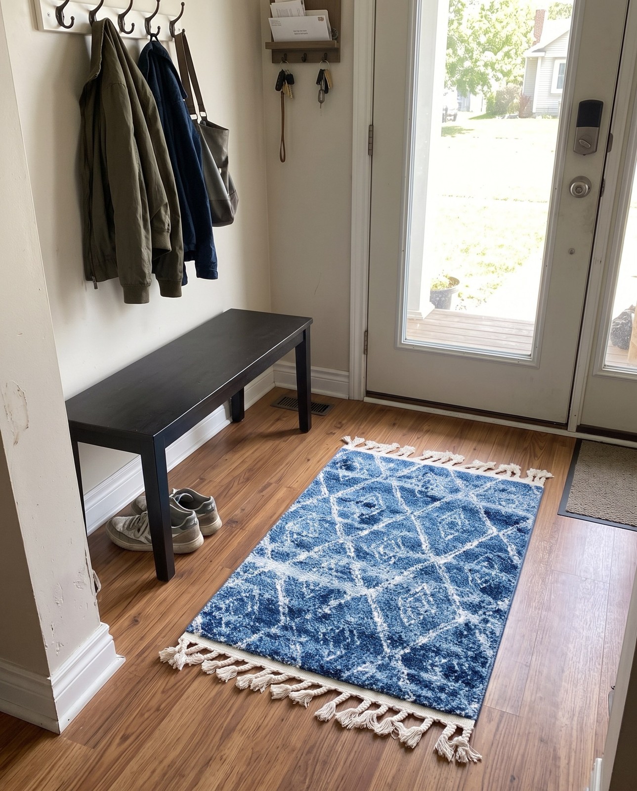 2' 4 x 3' 3 Larrabee · Diamond lattice rug, blue and ivory