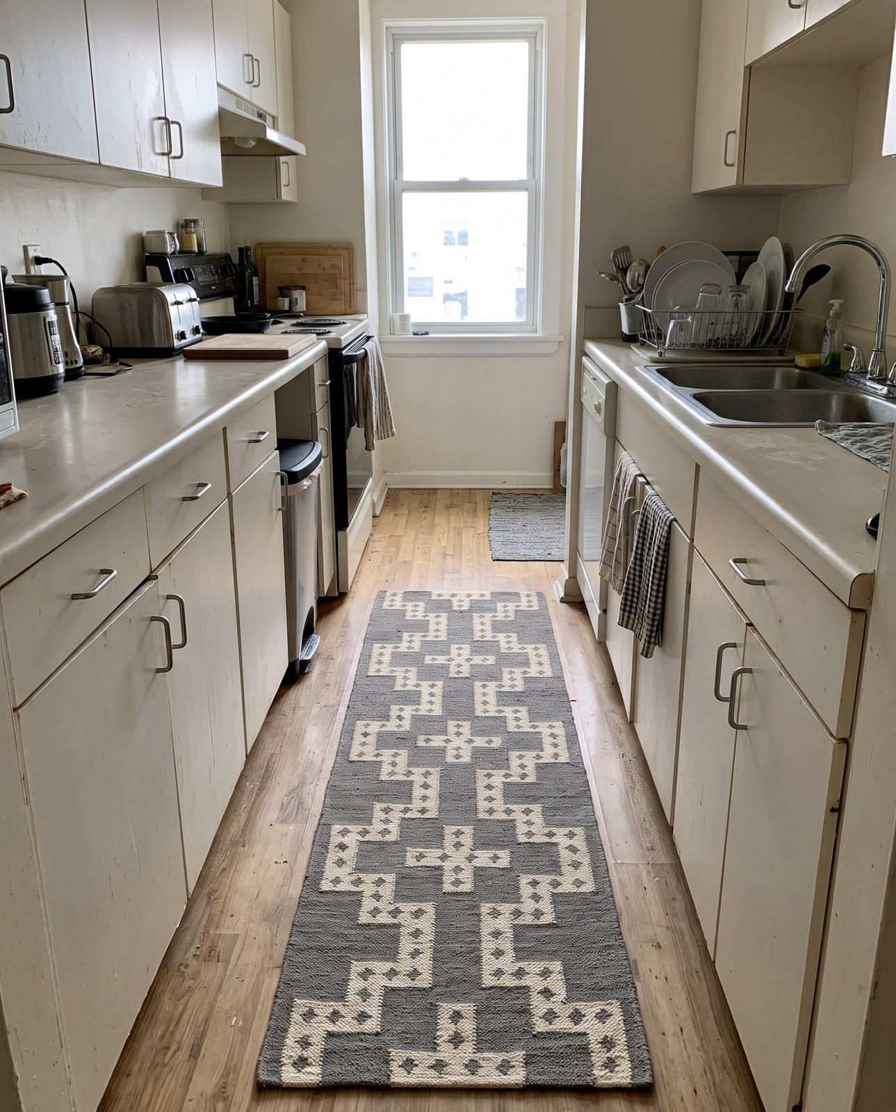 2' 7 x 12' Earley · Geometric lattice Wool Rug, gray and cream